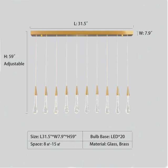 Modern Long Gold Glass Rain Rod Pendant Light for Staircase/High-ceiling room