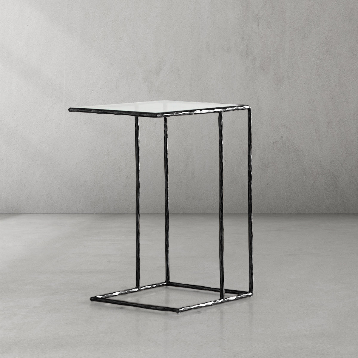 Hand-Forged Metal Glass C-Shaped Side Table