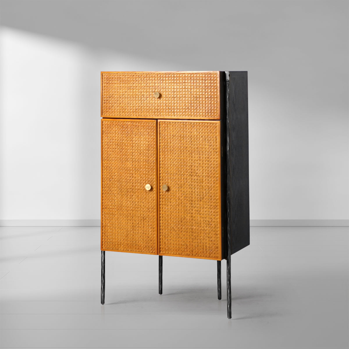 Hand-Forged Metal Frame Rattan Side Cabinet