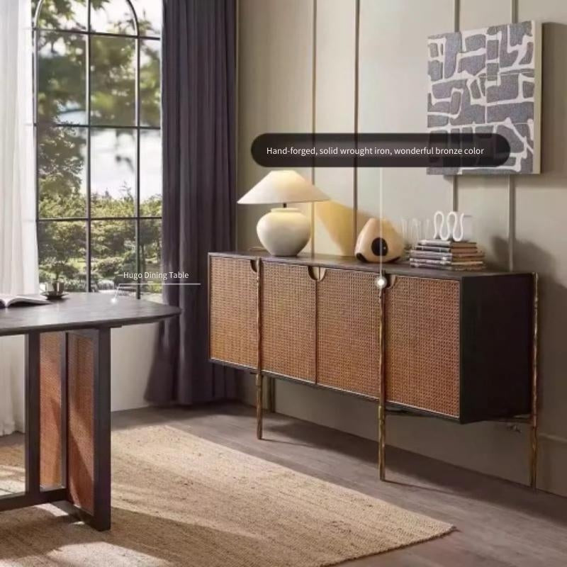 Hand-Forged Metal Frame Rattan 6-Drawer Side Cabinet