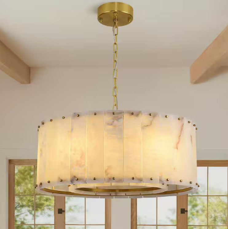 24 in. 6-Light Dimmable Brass Round Alabaster Chandelier, 2-Tier Kitchen Island Chandelier for Bedroom, Living Room