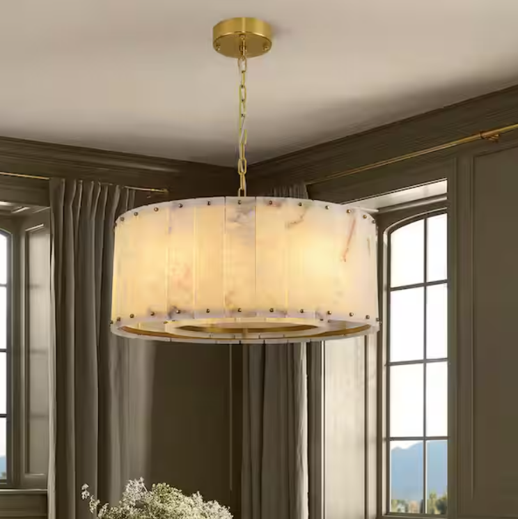 24 in. 6-Light Dimmable Brass Round Alabaster Chandelier, 2-Tier Kitchen Island Chandelier for Bedroom, Living Room