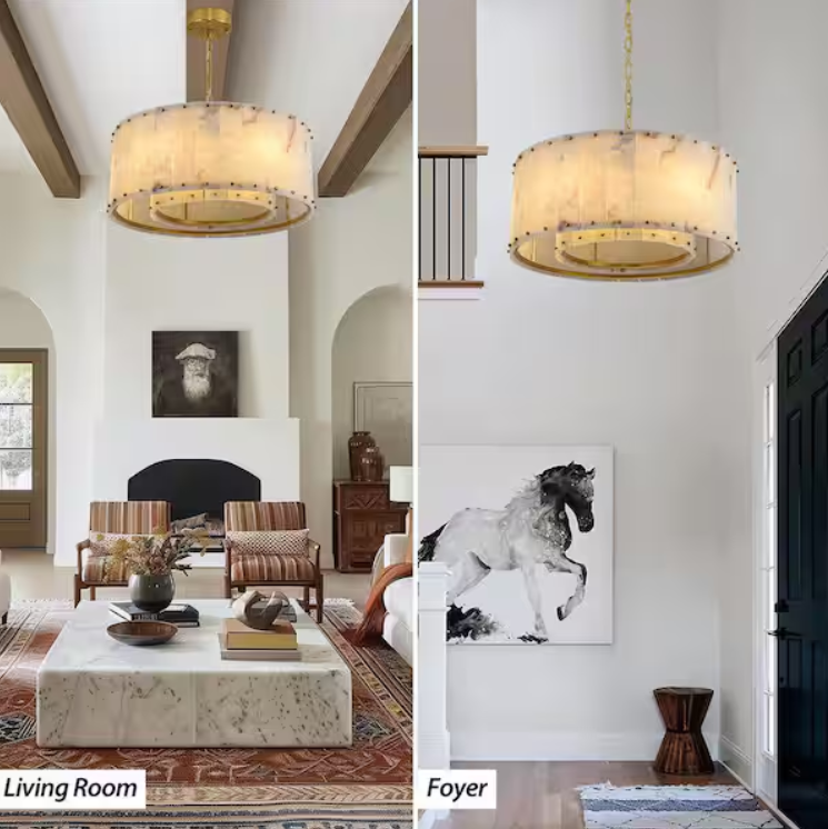 24 in. 6-Light Dimmable Brass Round Alabaster Chandelier, 2-Tier Kitchen Island Chandelier for Bedroom, Living Room