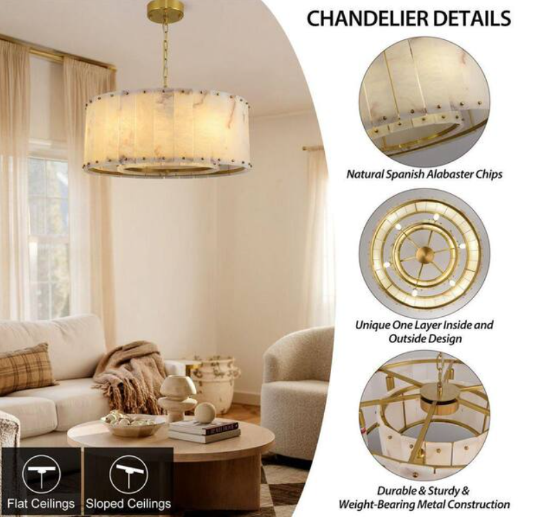 24 in. 6-Light Dimmable Brass Round Alabaster Chandelier, 2-Tier Kitchen Island Chandelier for Bedroom, Living Room