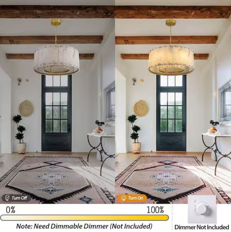 24 in. 6-Light Dimmable Brass Round Alabaster Chandelier, 2-Tier Kitchen Island Chandelier for Bedroom, Living Room