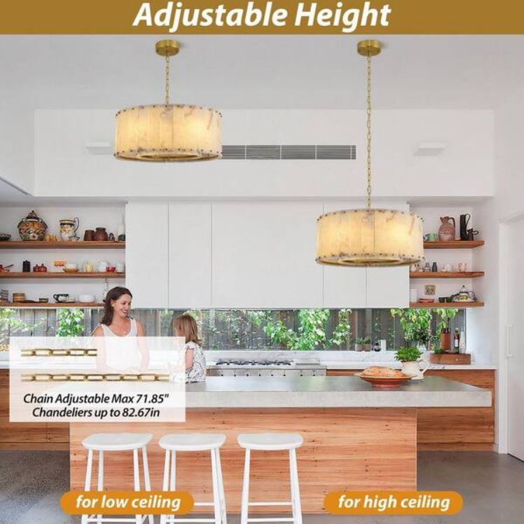 24 in. 6-Light Dimmable Brass Round Alabaster Chandelier, 2-Tier Kitchen Island Chandelier for Bedroom, Living Room
