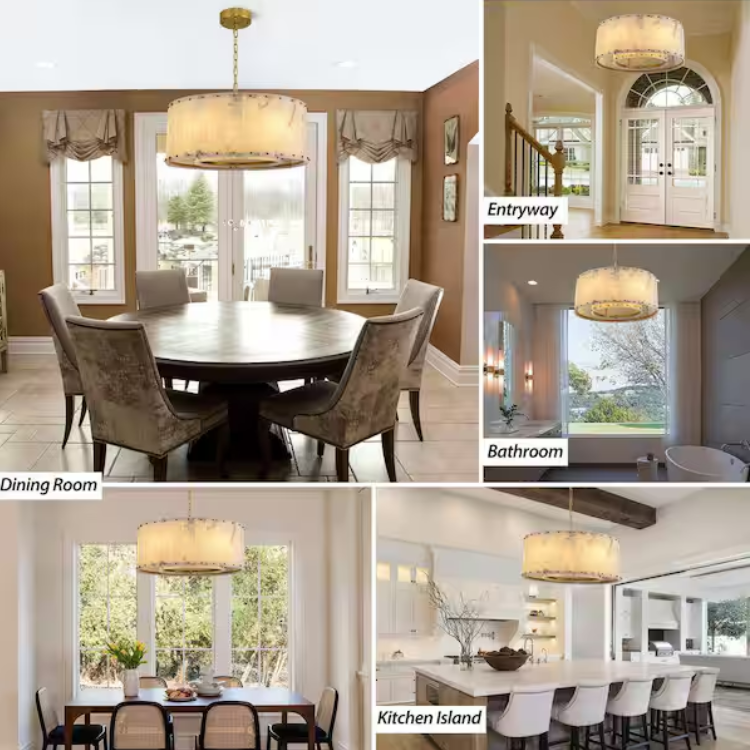 24 in. 6-Light Dimmable Brass Round Alabaster Chandelier, 2-Tier Kitchen Island Chandelier for Bedroom, Living Room