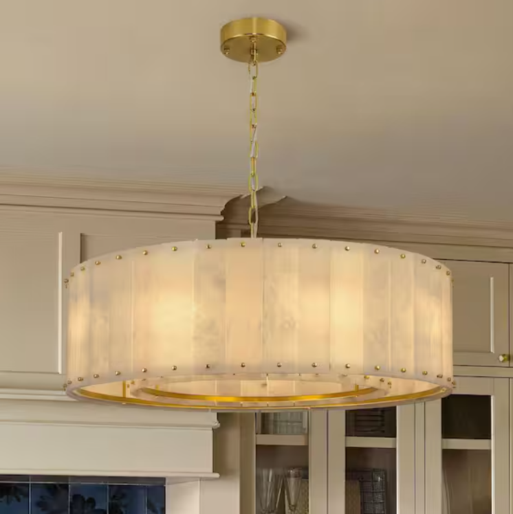 32 in. 9-Light Dimmable Brass Round Alabaster Chandelier, 2-Tier Kitchen Island Chandelier for Bedroom, Living Room