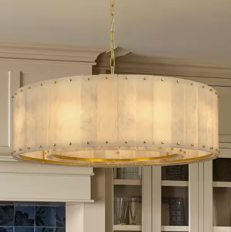32 in. 9-Light Dimmable Brass Round Alabaster Chandelier, 2-Tier Kitchen Island Chandelier for Bedroom, Living Room