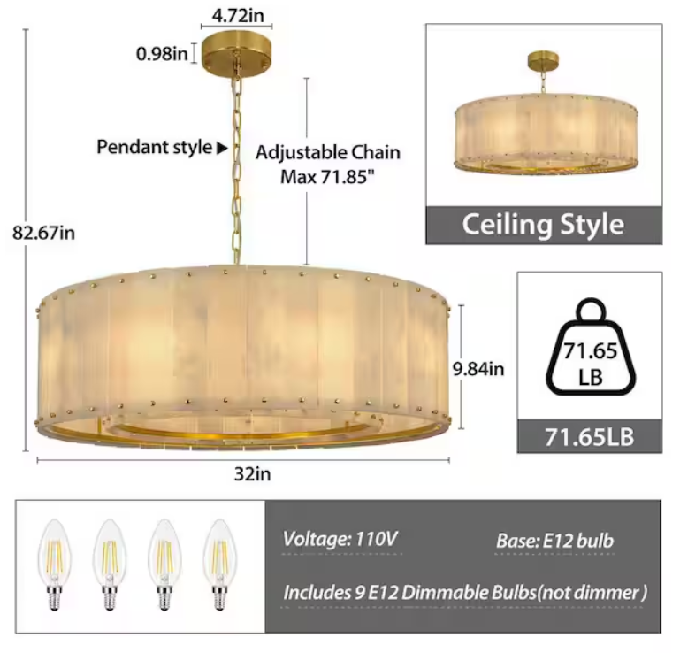 32 in. 9-Light Dimmable Brass Round Alabaster Chandelier, 2-Tier Kitchen Island Chandelier for Bedroom, Living Room