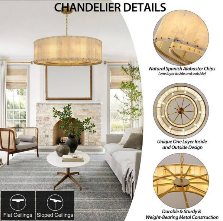 32 in. 9-Light Dimmable Brass Round Alabaster Chandelier, 2-Tier Kitchen Island Chandelier for Bedroom, Living Room