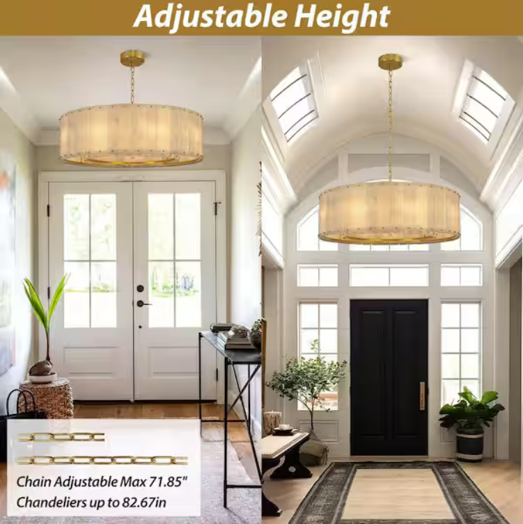 32 in. 9-Light Dimmable Brass Round Alabaster Chandelier, 2-Tier Kitchen Island Chandelier for Bedroom, Living Room
