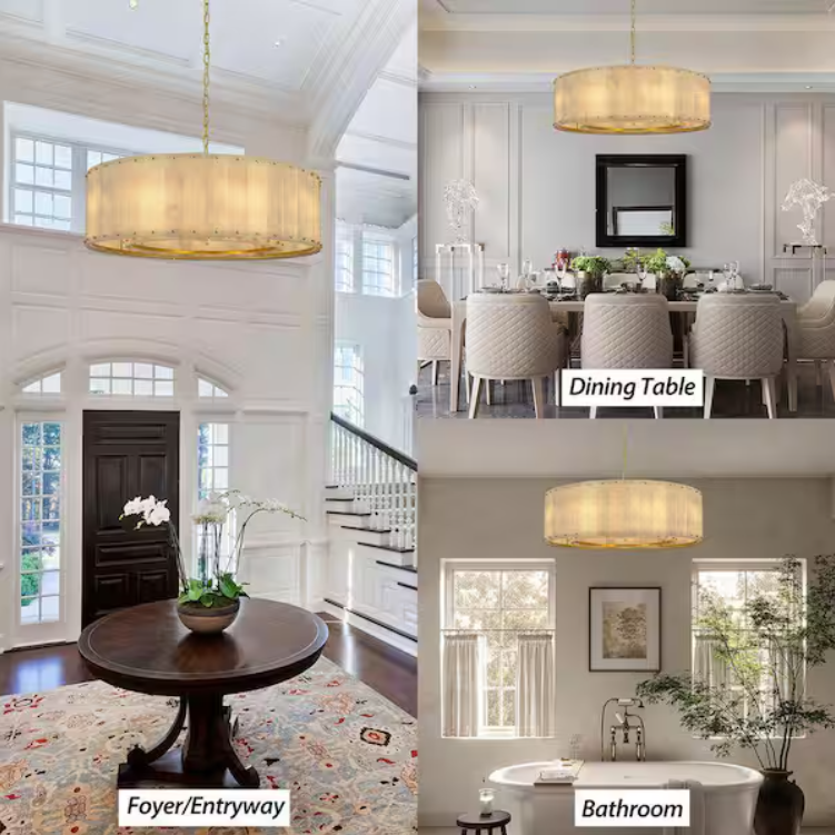 32 in. 9-Light Dimmable Brass Round Alabaster Chandelier, 2-Tier Kitchen Island Chandelier for Bedroom, Living Room