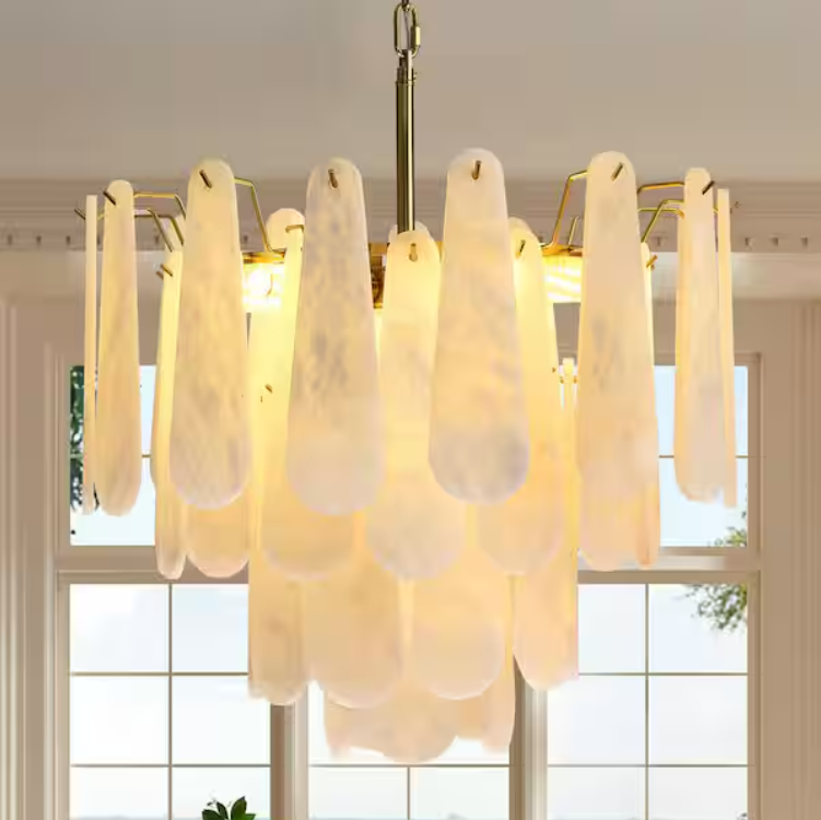 21.6 in. 6-Light Modern Round Alabaster Kitchen Island Chandelier, 4-Tier Luxury Large White Chandelier for Bedroom