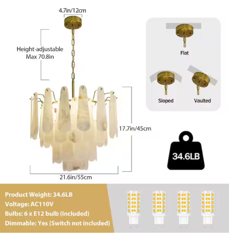 21.6 in. 6-Light Modern Round Alabaster Kitchen Island Chandelier, 4-Tier Luxury Large White Chandelier for Bedroom