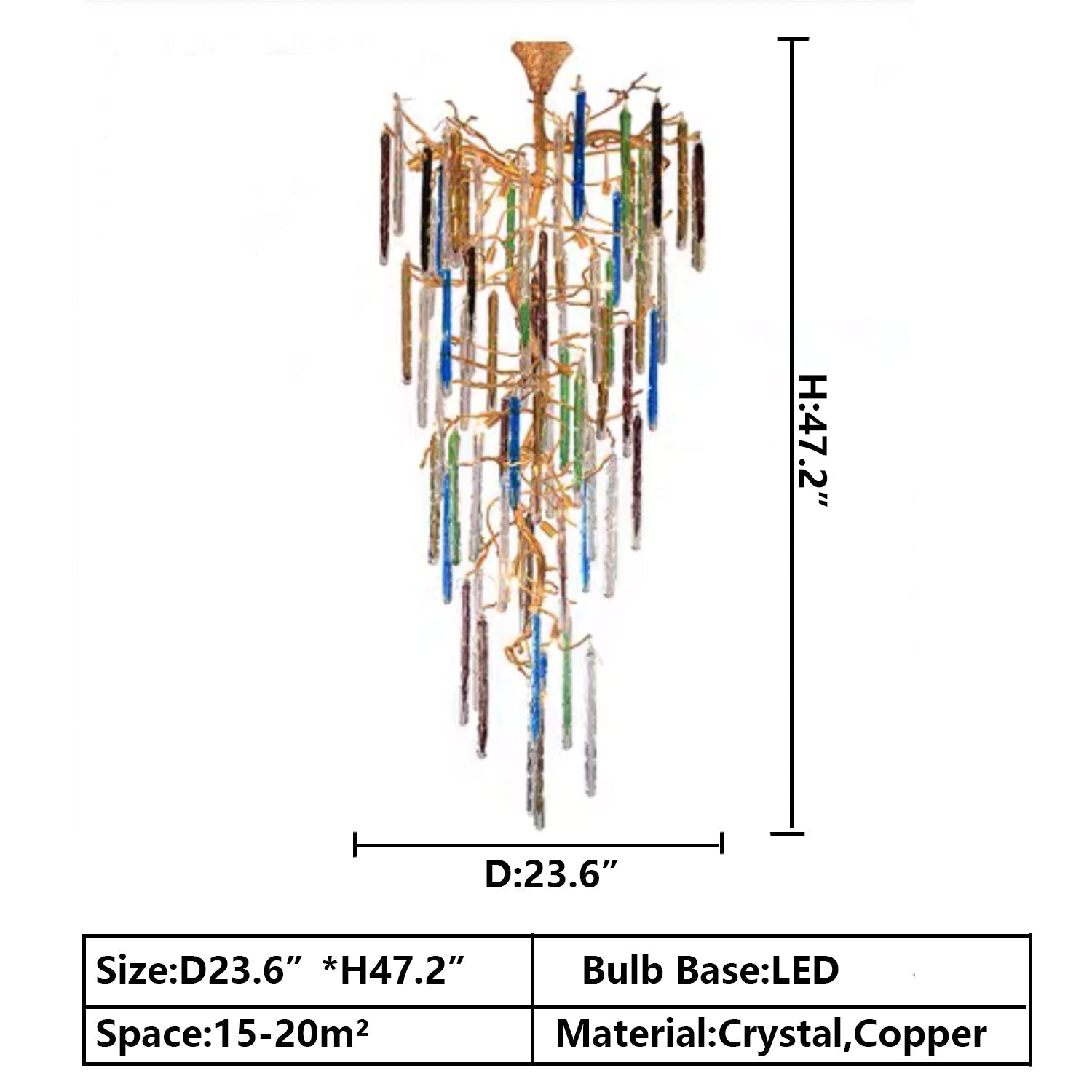 Modern Light Luxury Brass Branches Colored Glass Column Chandelier for Staircase/Living Room/High-ceiling Space