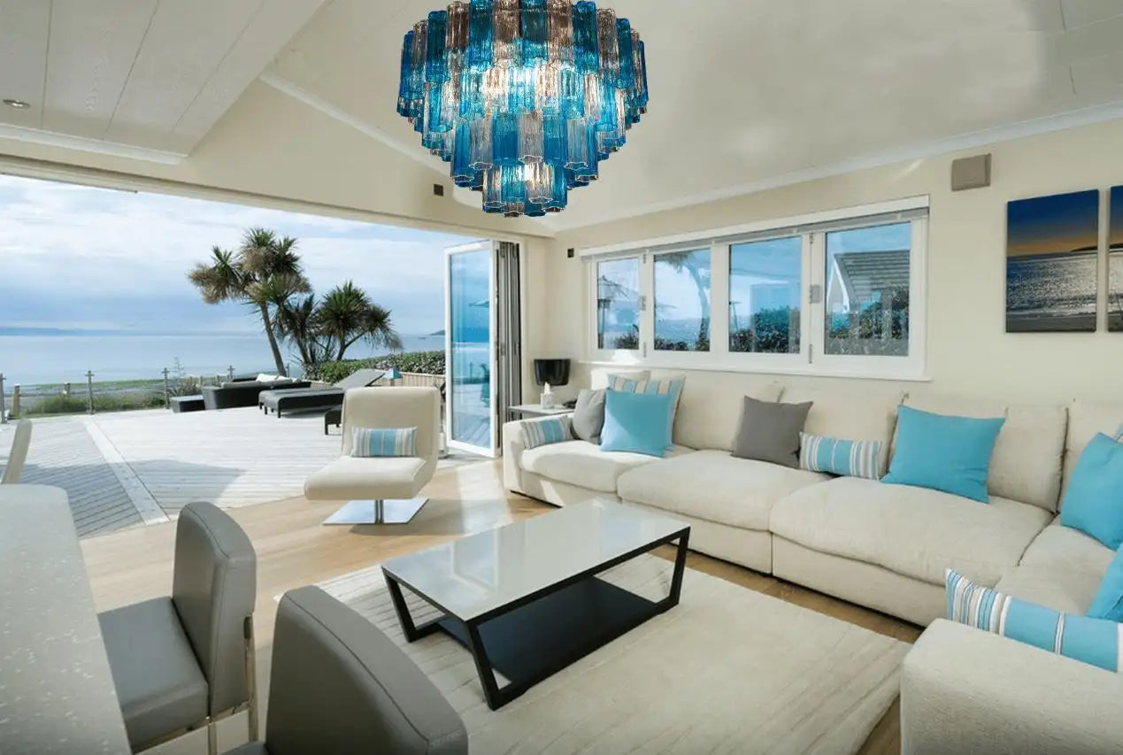 Turquoise and Clear Murano Glass Tronchi Chandelier Ceiling Light