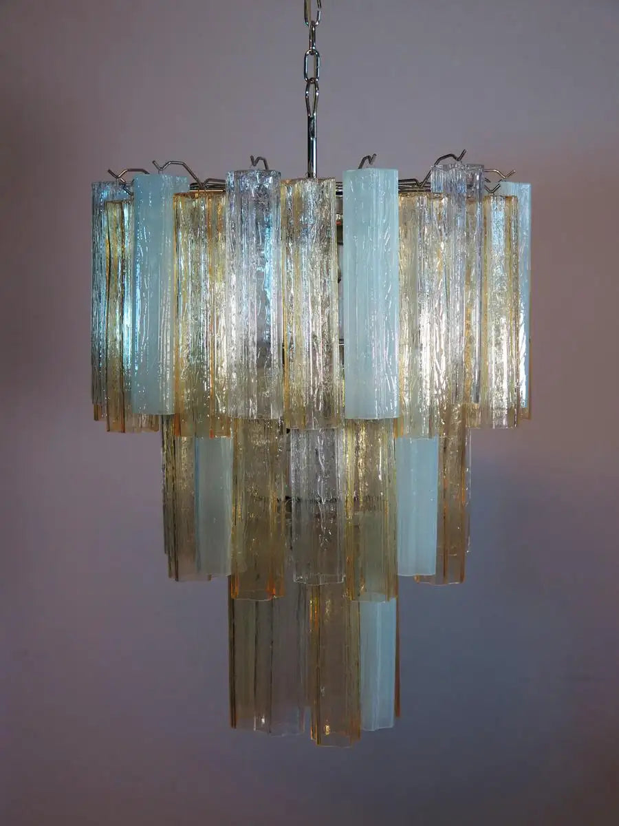 Large Three-Tier Venini Murano Glass Tube Chandelier, Amber Opal Silk and Trasp