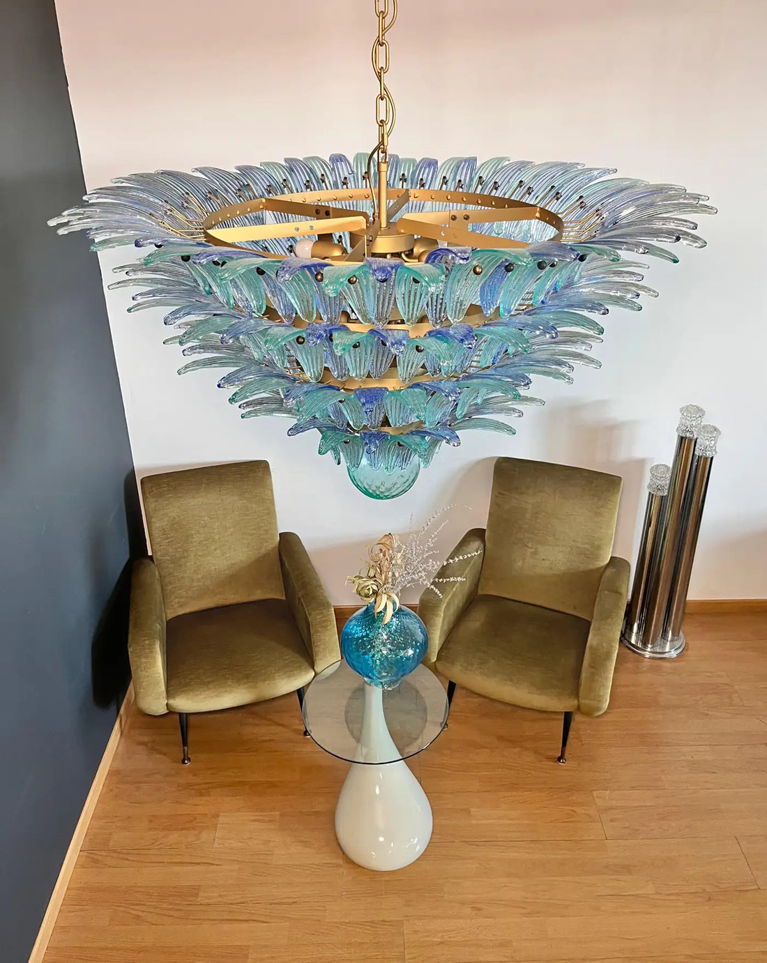 Palmette Ceiling Light - four levels, 160 blue and turquoise glasses