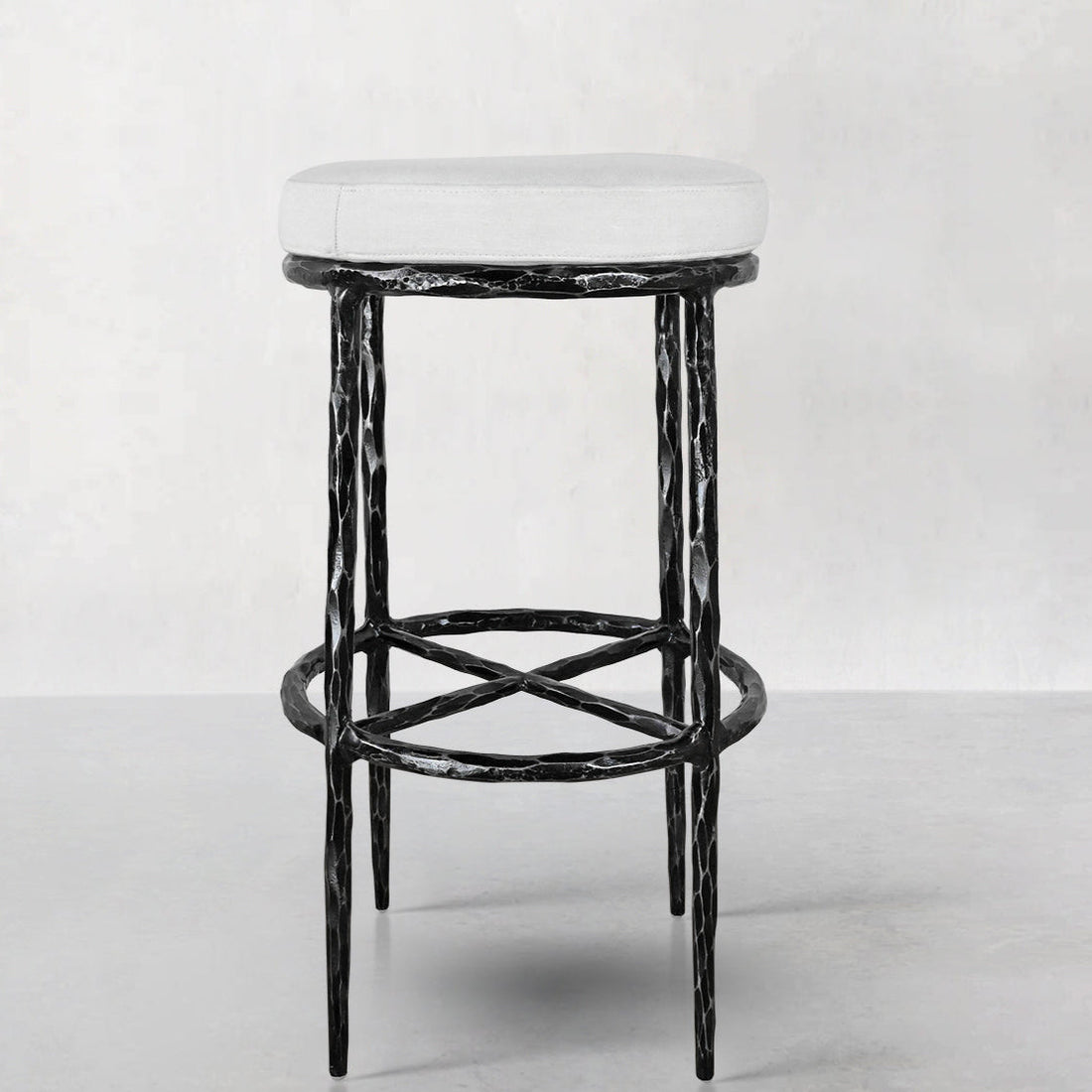 Hand-Forged Metal Backless Fabric Swivel Stool