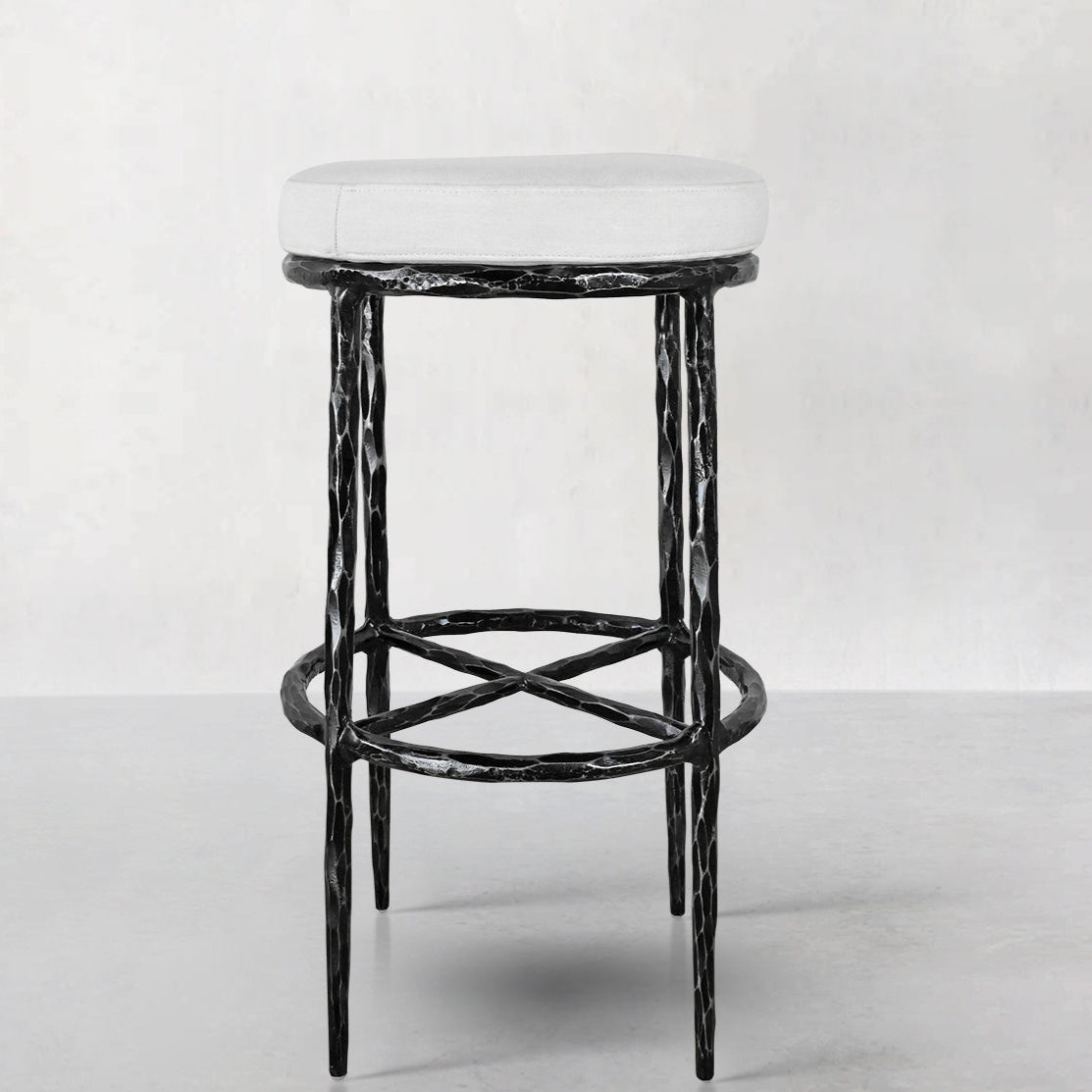 Hand-Forged Metal Backless Fabric Swivel Stool