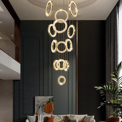 Modern Multi Gold Donuts Shape Crystal Chandelier Ring Round Light Fixture for Foyer Staircase/ Living Room/ Bar/ Hotel Lobby/ Entryway