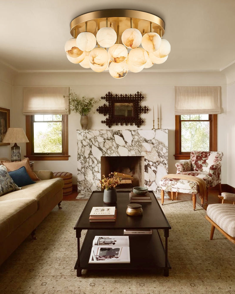 7/13/19-Light Soft Brass and Faux Alabaster Semi Flush Mount with Etched Opal Marble Shades