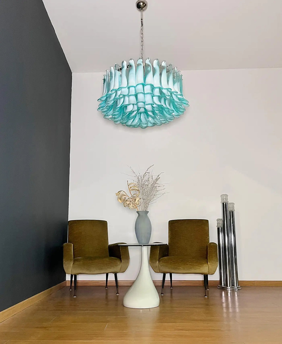 Large Murano glass Chandelier -101 turquoise lattimo glass petal