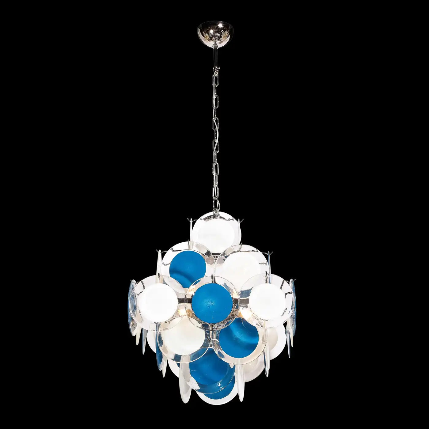 Modernist Pagoda Chandelier in Nickel & Handblown Murano White and Blue Discs