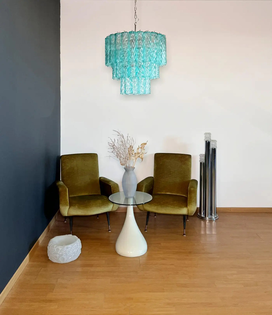 Large three-Tier Venini Murano turquoise Glass Tube Chandelier