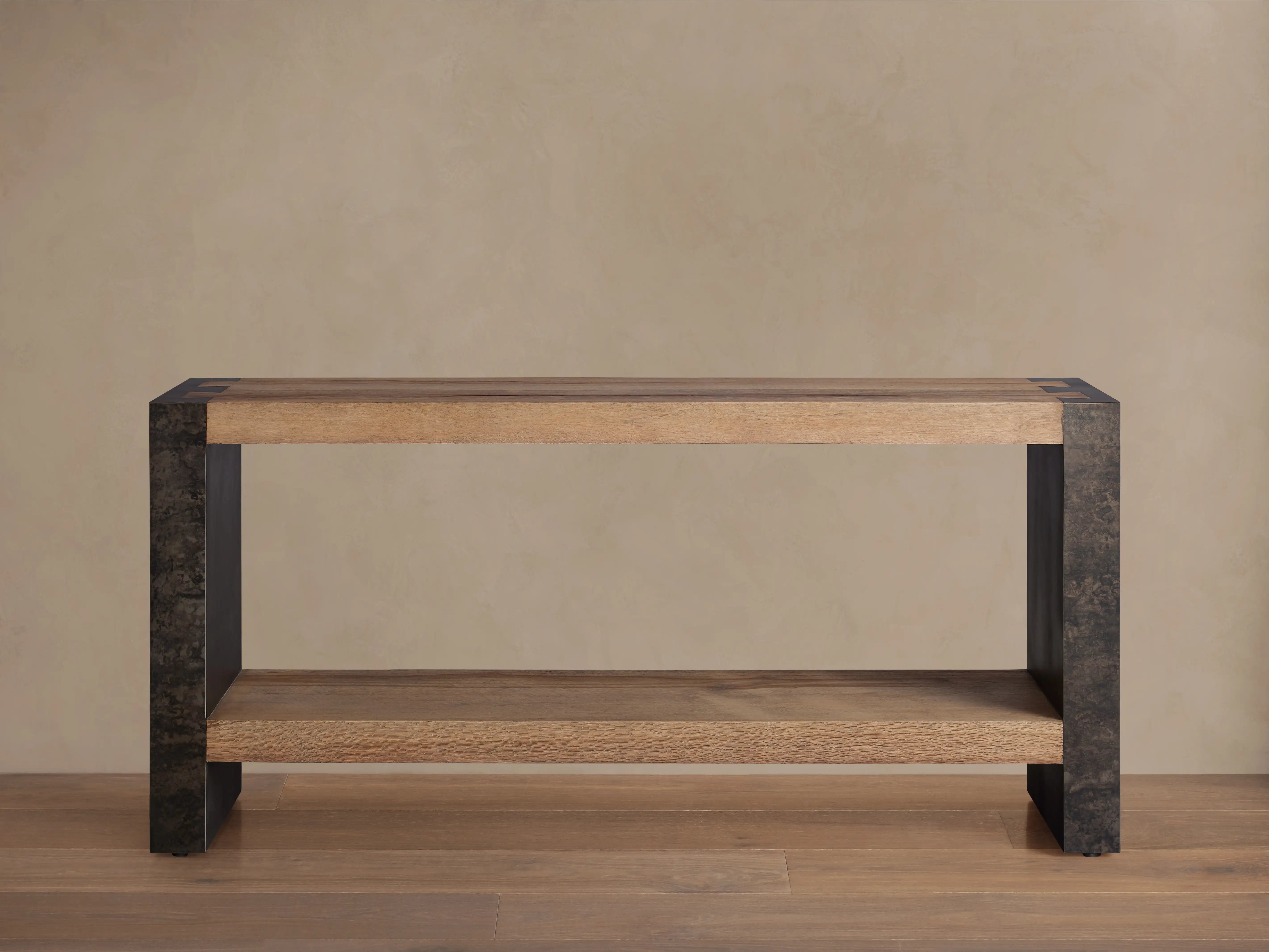 Tellurian Oak Console Table with Oxidized Steel Legs Rustic Living Room Furniture
