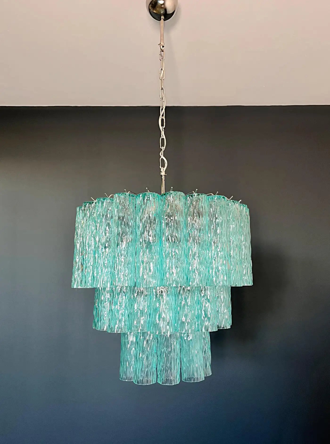 Large three-Tier Venini Murano turquoise Glass Tube Chandelier