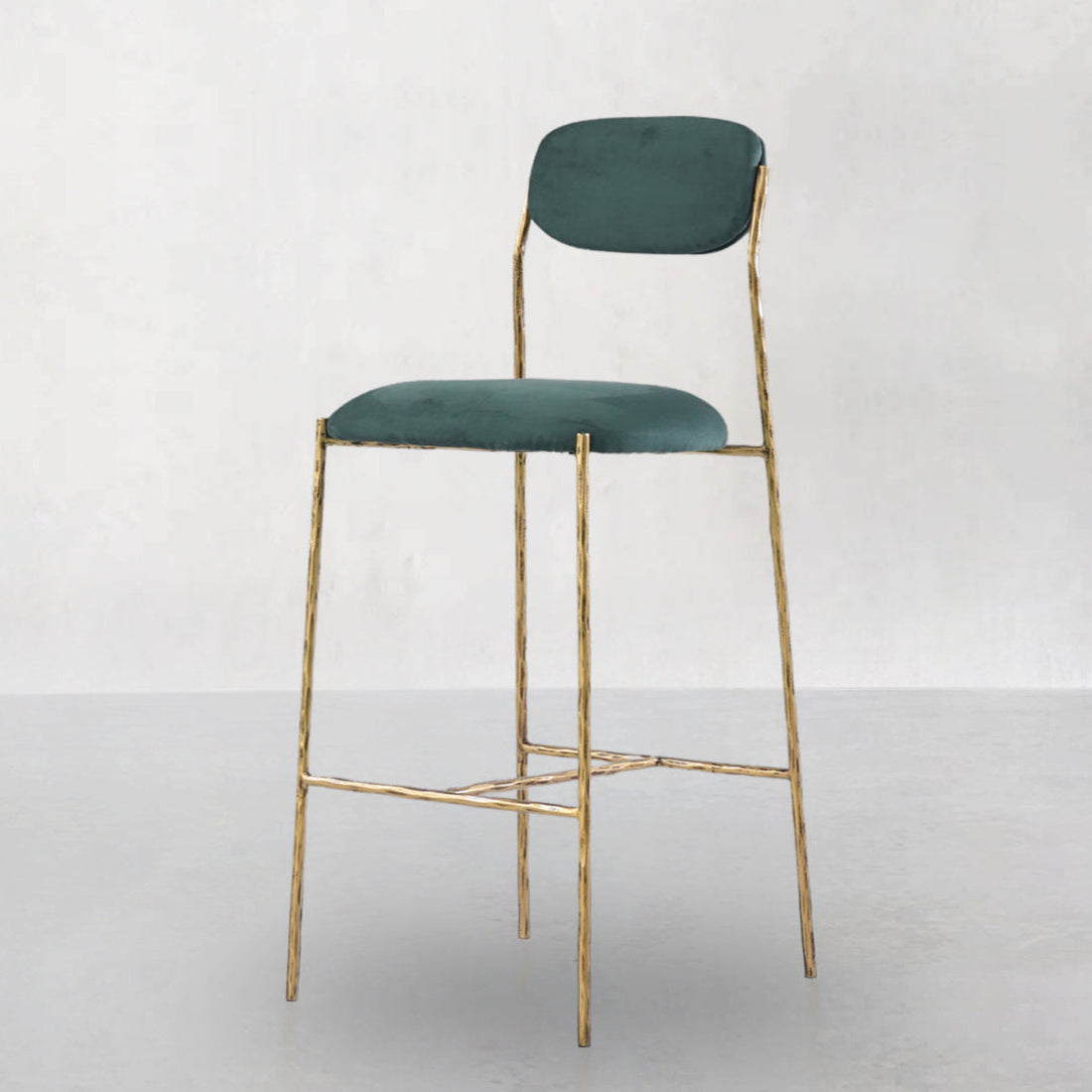 Hand-Forged Metal Green Fabric Bar Stool