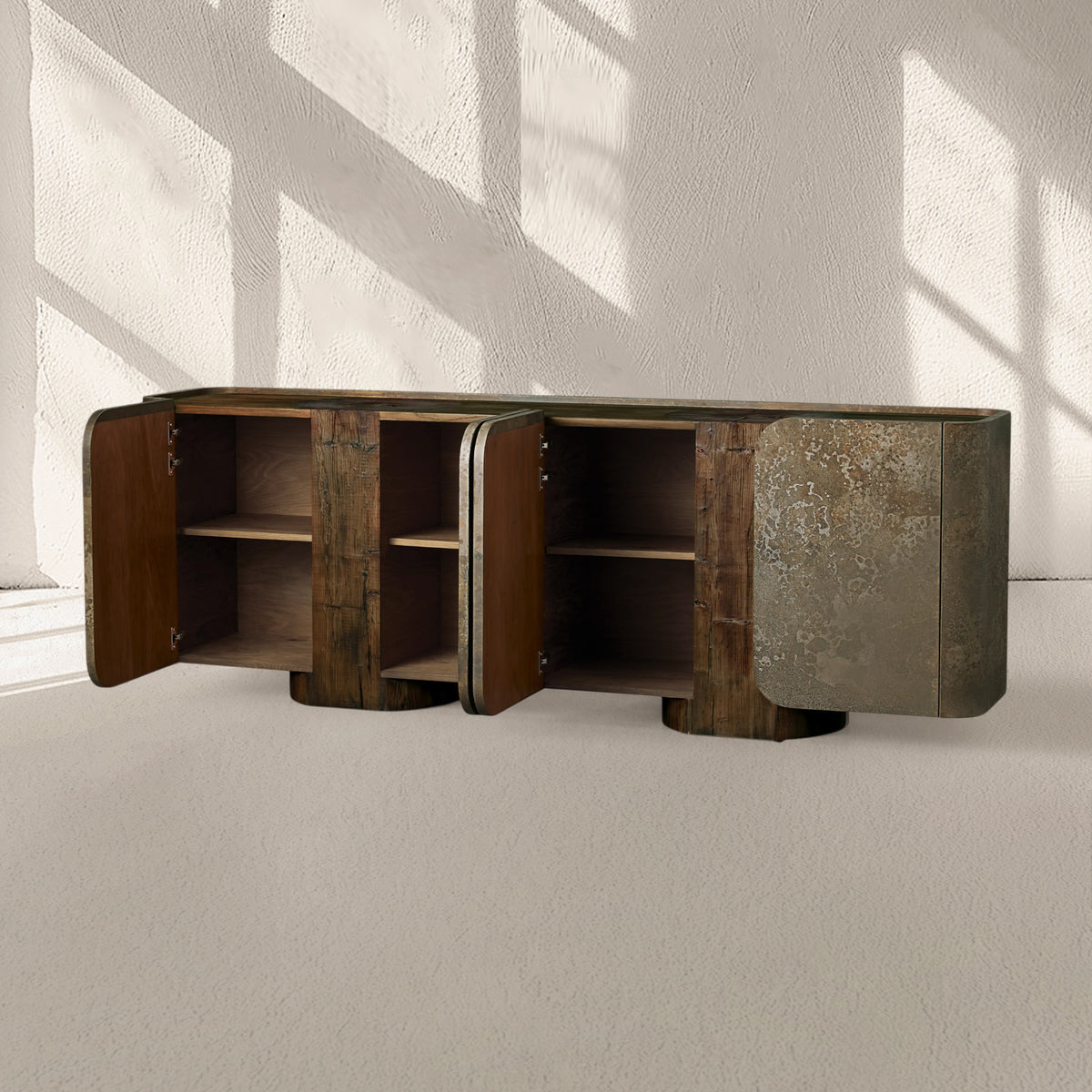 Alvaro Raw Wood Stumps Tabletop Sideboard Aluminum Buffet Table Living Room Entryways Cabinet
