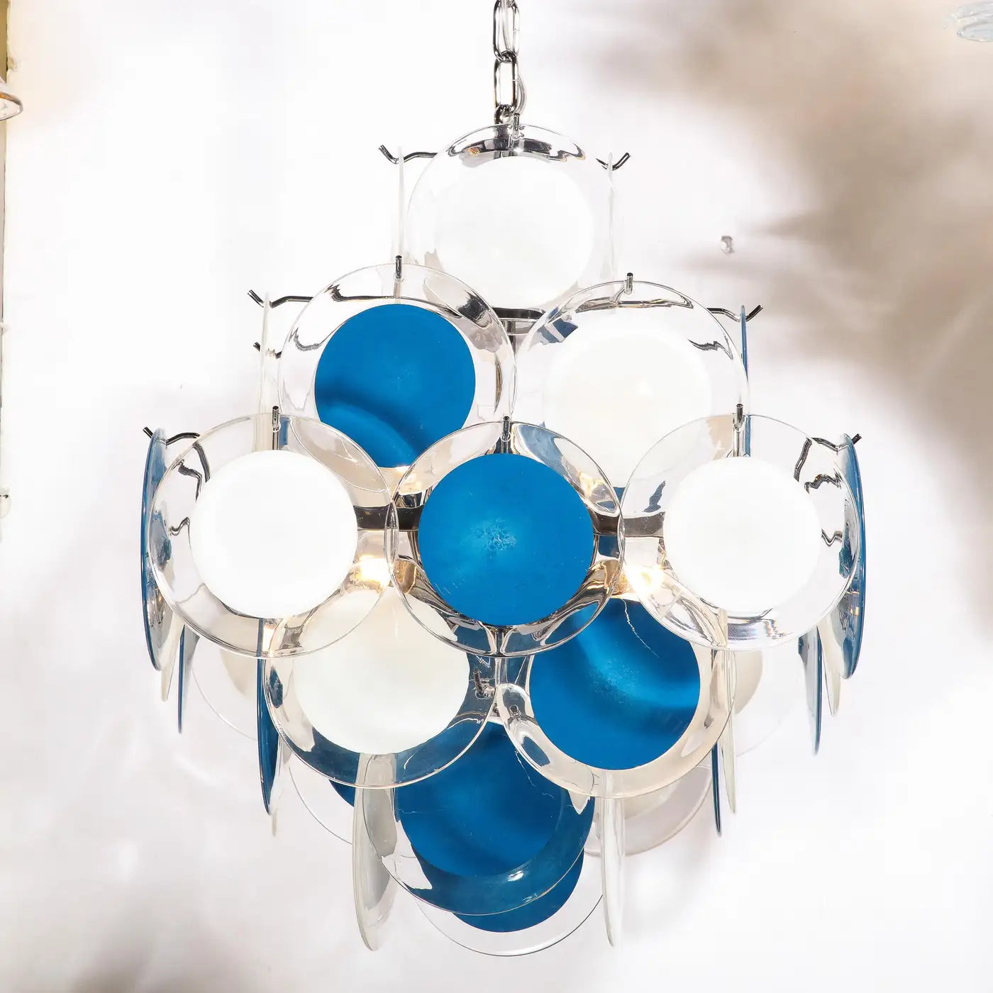 Modernist Pagoda Chandelier in Nickel & Handblown Murano White and Blue Discs