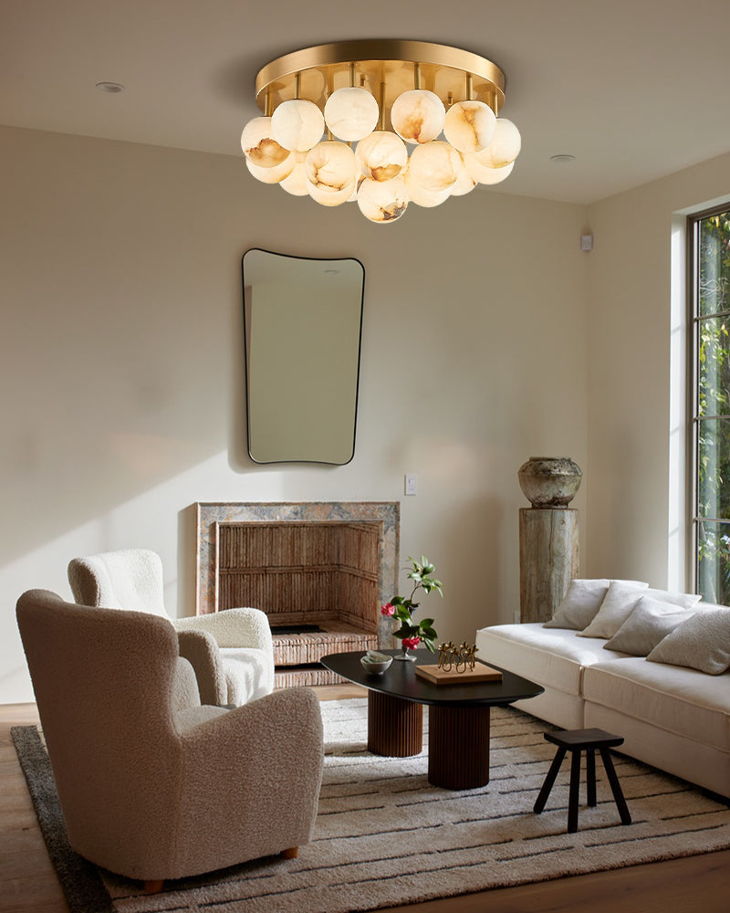 7/13/19-Light Soft Brass and Faux Alabaster Semi Flush Mount with Etched Opal Marble Shades