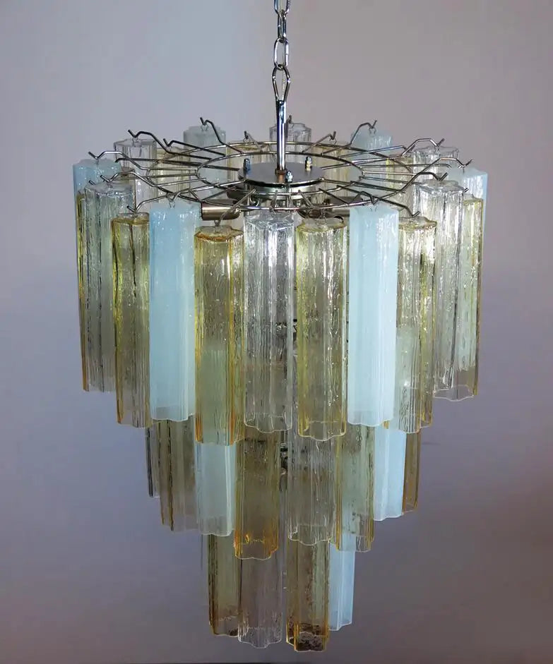 Large Three-Tier Venini Murano Glass Tube Chandelier, Amber Opal Silk and Trasp