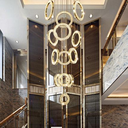 Modern Multi Gold Donuts Shape Crystal Chandelier Ring Round Light Fixture for Foyer Staircase/ Living Room/ Bar/ Hotel Lobby/ Entryway