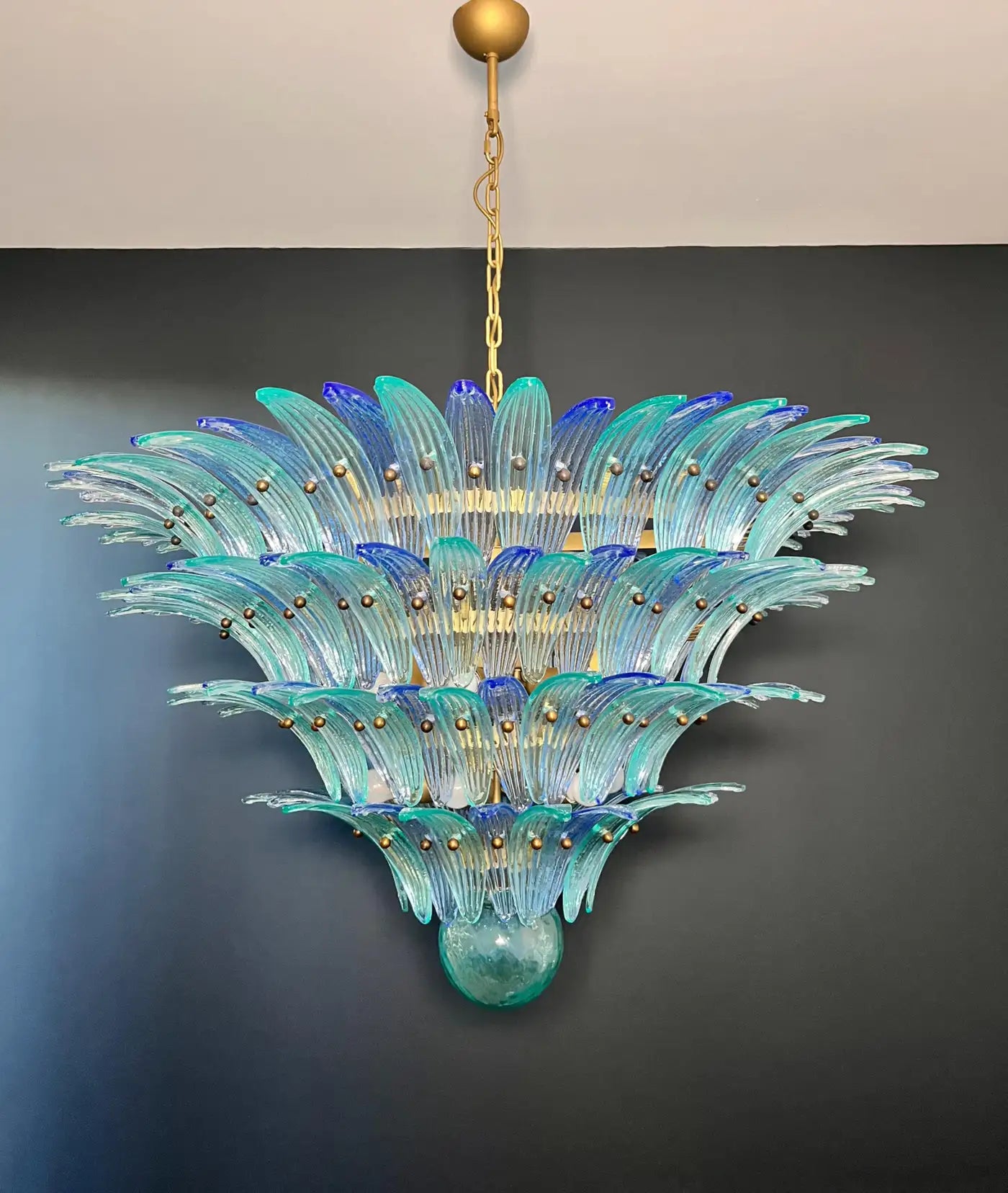 Palmette Ceiling Light - four levels, 160 blue and turquoise glasses