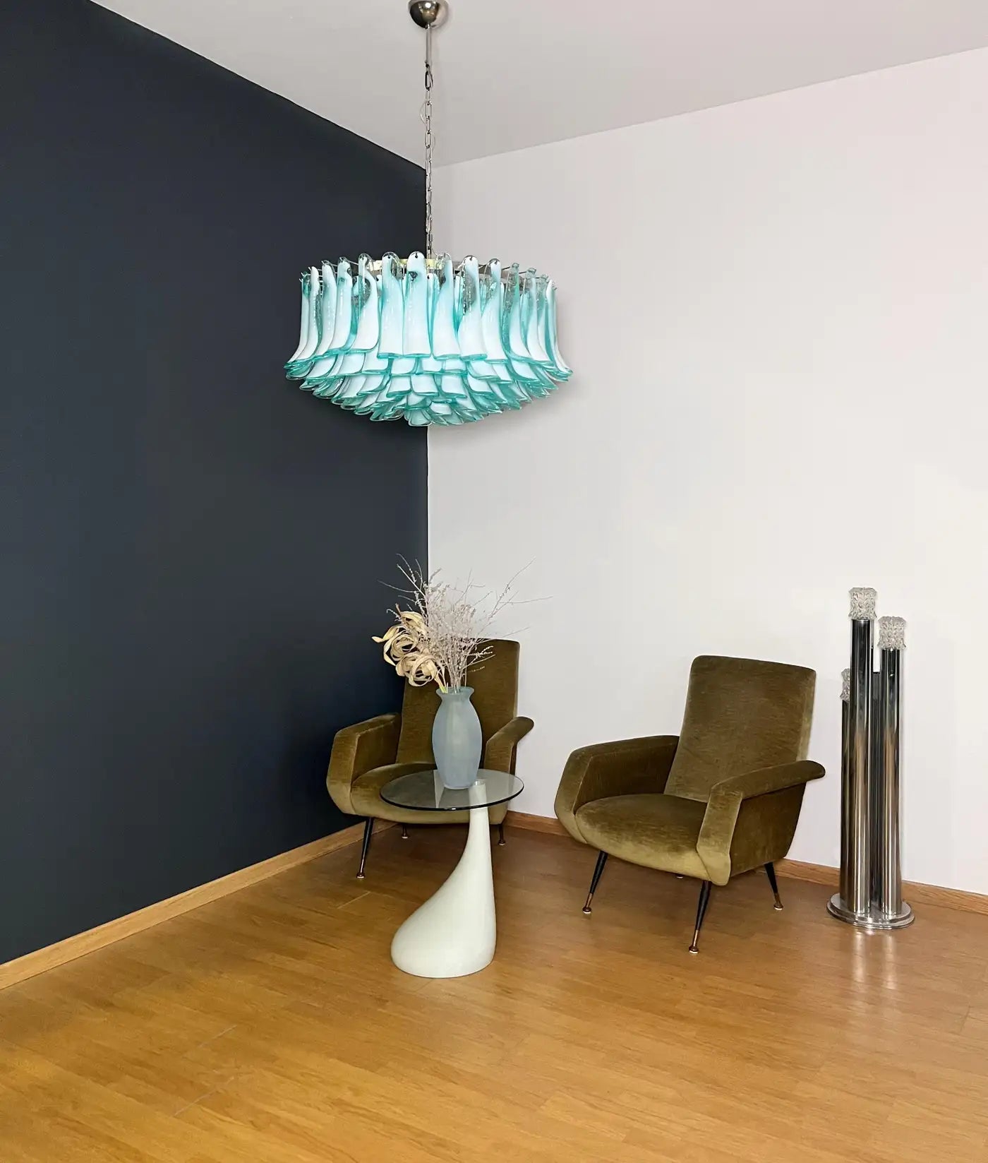Large Murano glass Chandelier -101 turquoise lattimo glass petal