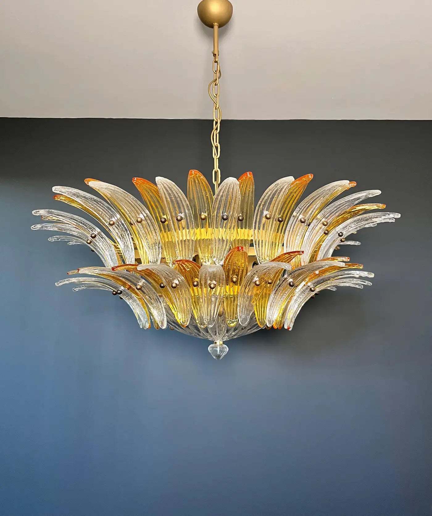 Murano Chandelier Original Palmette, two levels, 82 amber and clear glasses