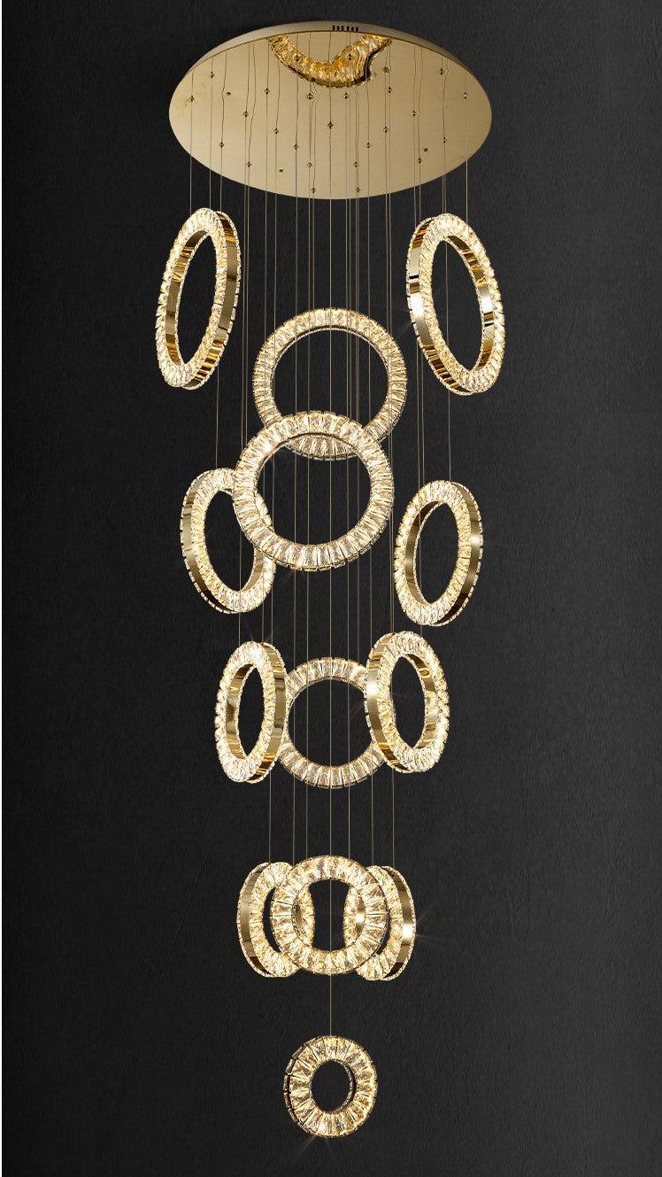 Modern Multi Gold Donuts Shape Crystal Chandelier Ring Round Light Fixture for Foyer Staircase/ Living Room/ Bar/ Hotel Lobby/ Entryway