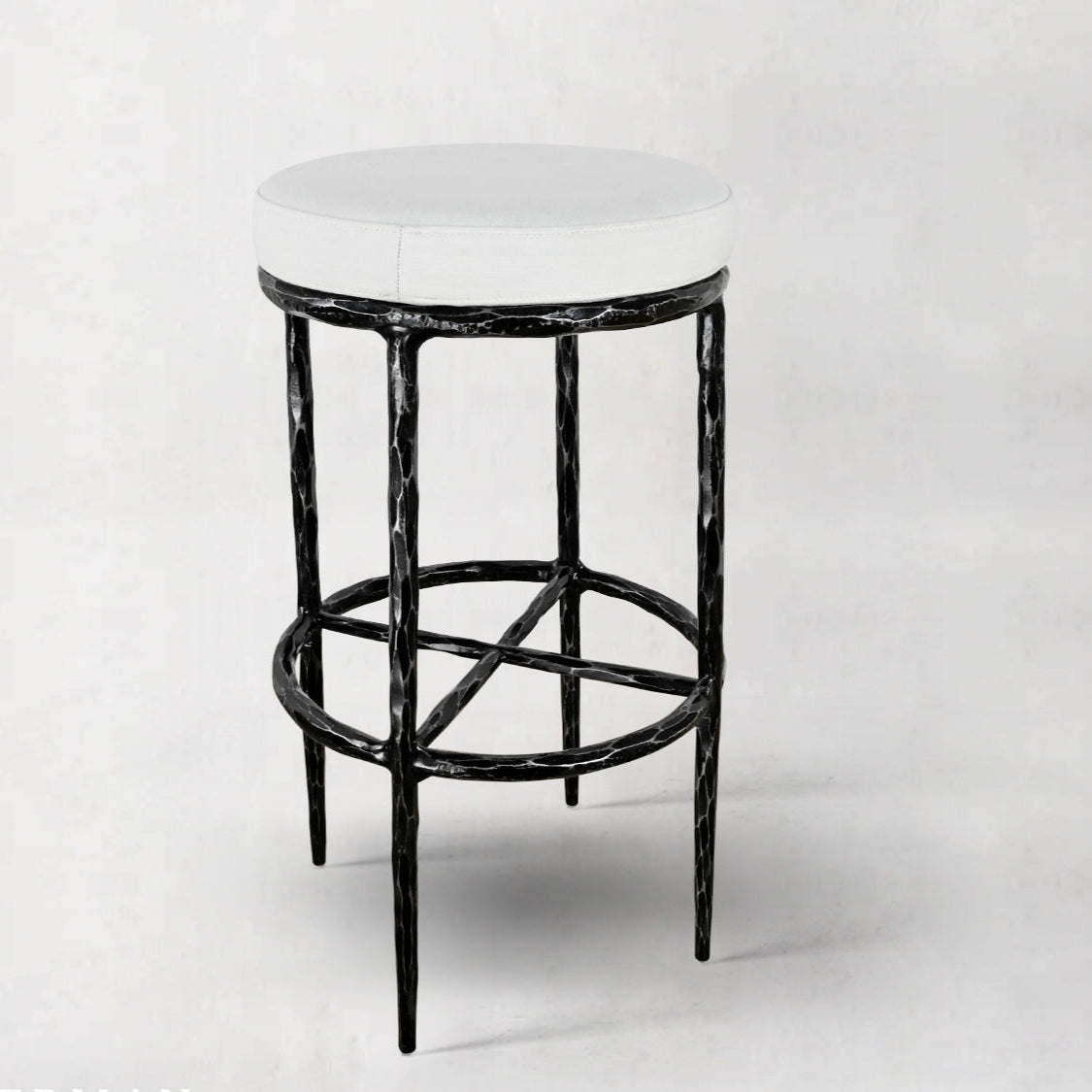 Hand-Forged Metal Backless Fabric Swivel Stool
