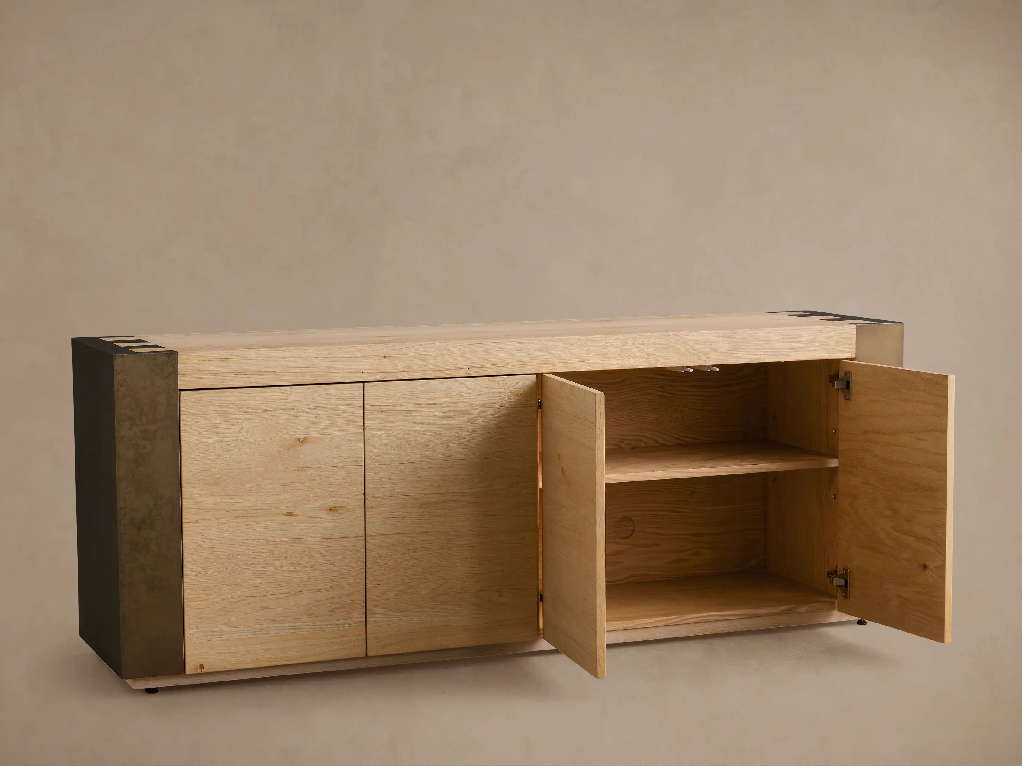 Tellurian Media Console Oak with Oxidized Steel Rustic Living Furniture