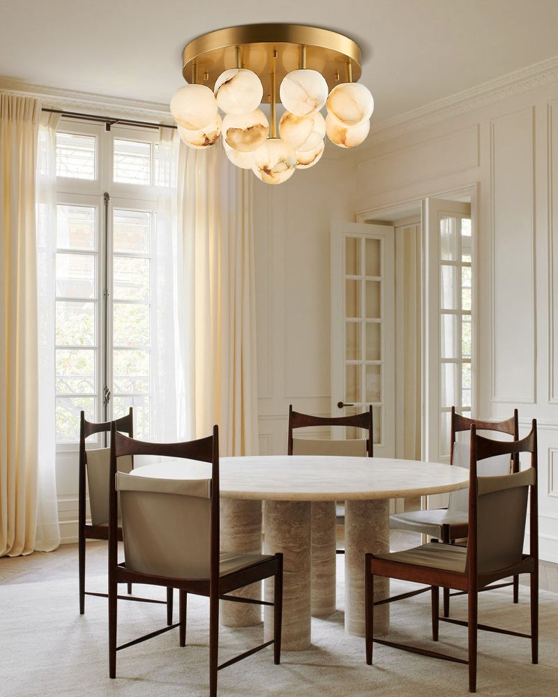 7/13/19-Light Soft Brass and Faux Alabaster Semi Flush Mount with Etched Opal Marble Shades