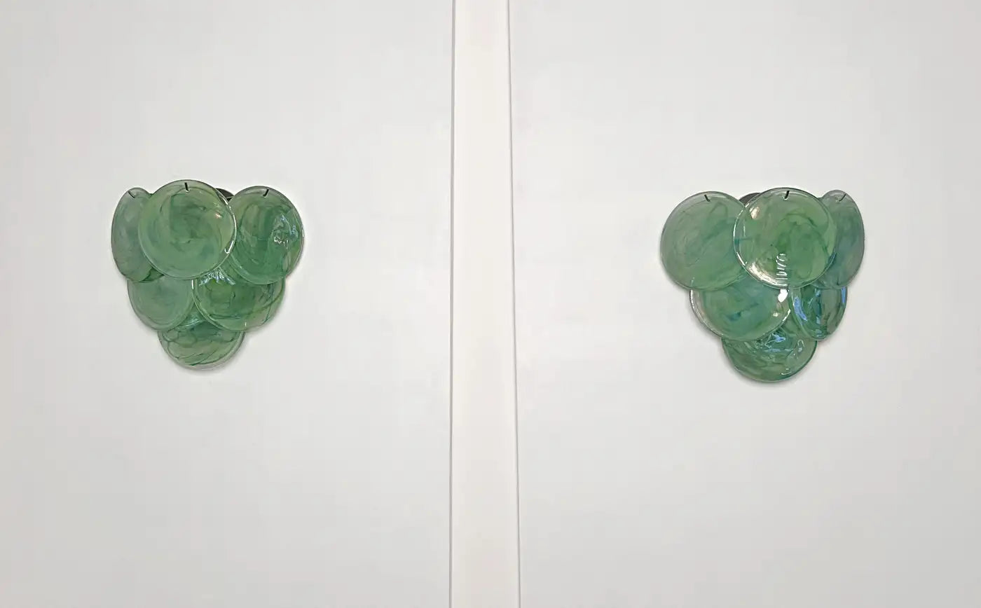 Pair of glass wall sconces - 6 alabaster green disks
