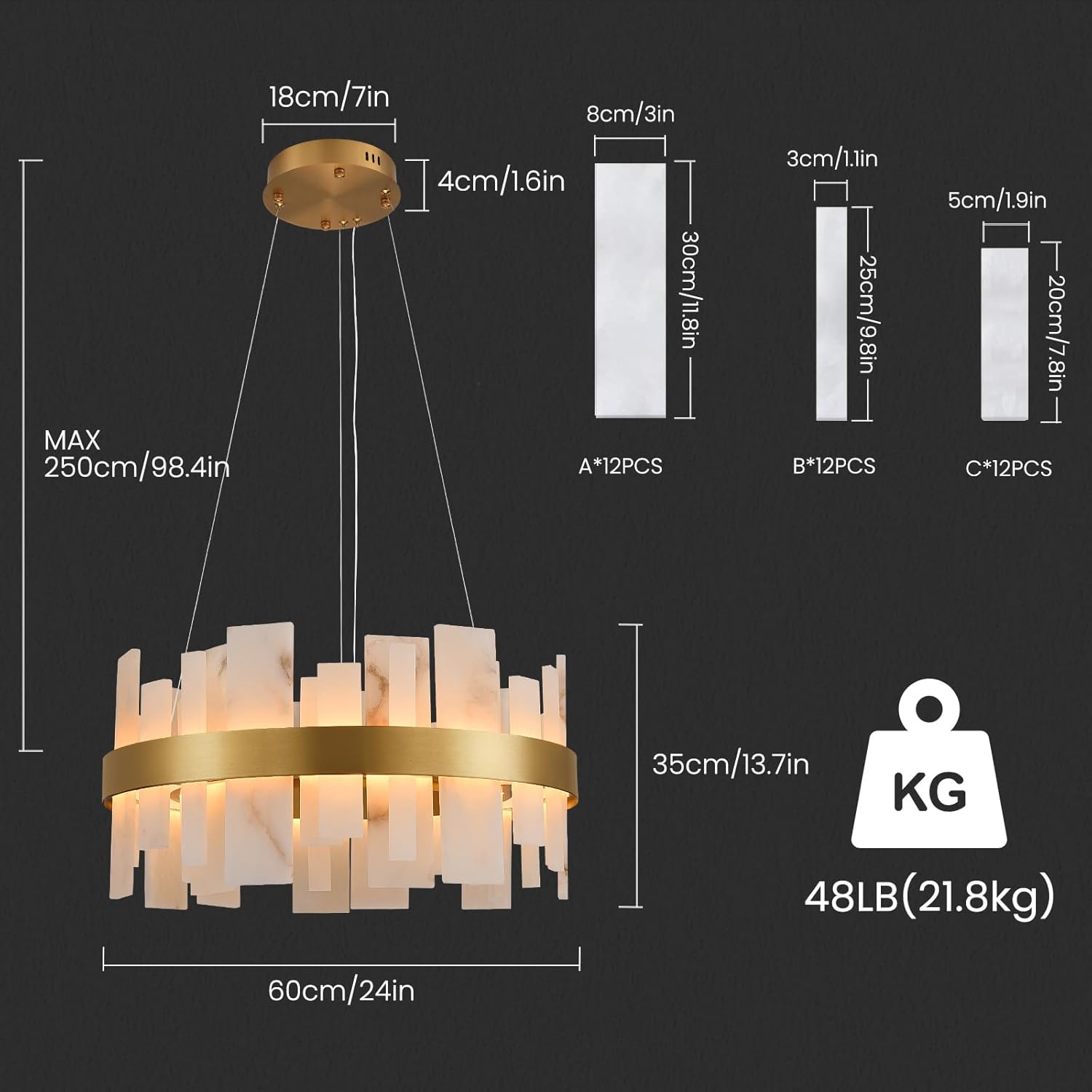 Alabaster Round Chandelier, D24 Inch Natural Spanish Marble Stone Texture Chandeliers