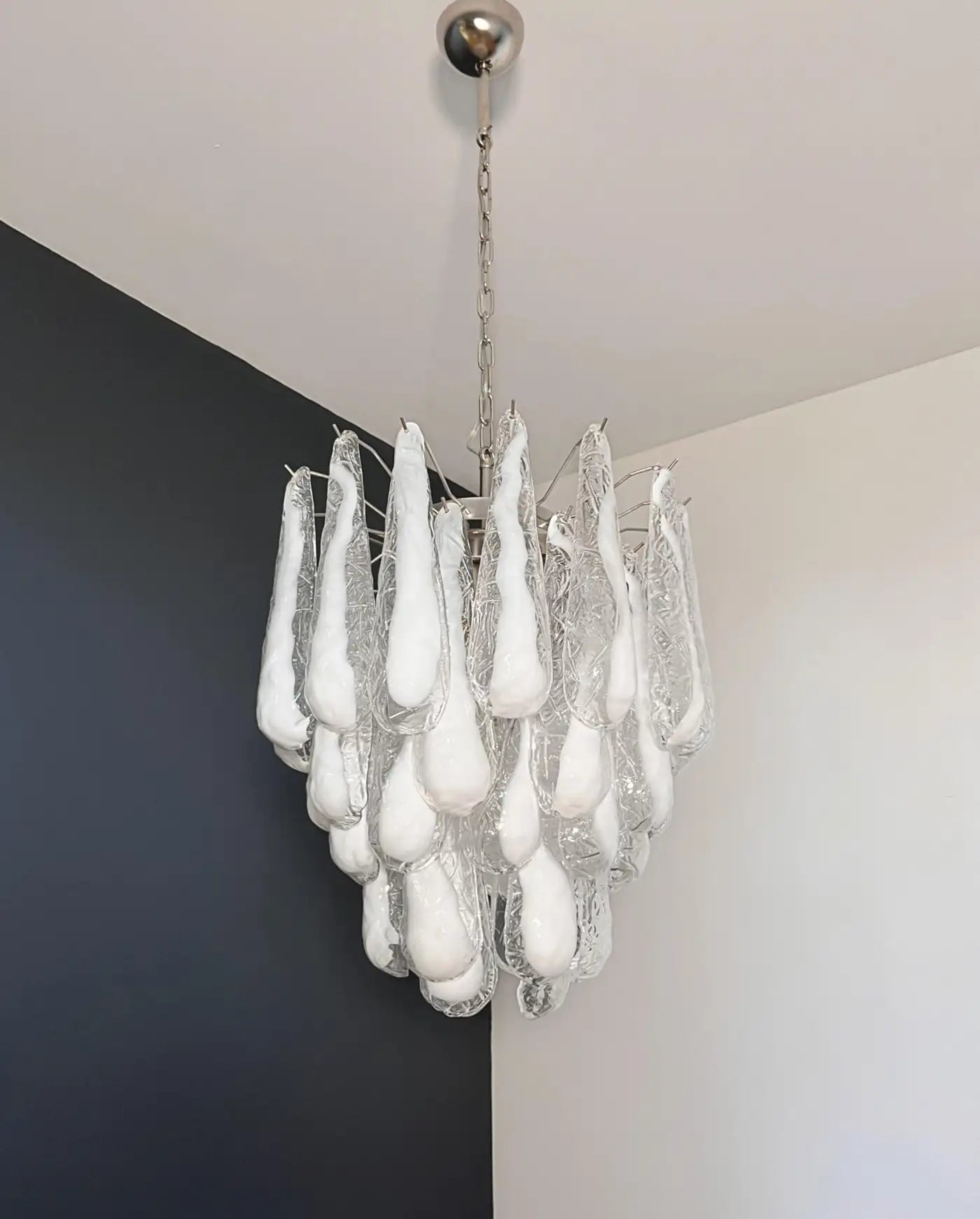 Italian Vintage Murano Chandelier 41 Glass lattimo Petals Drop
