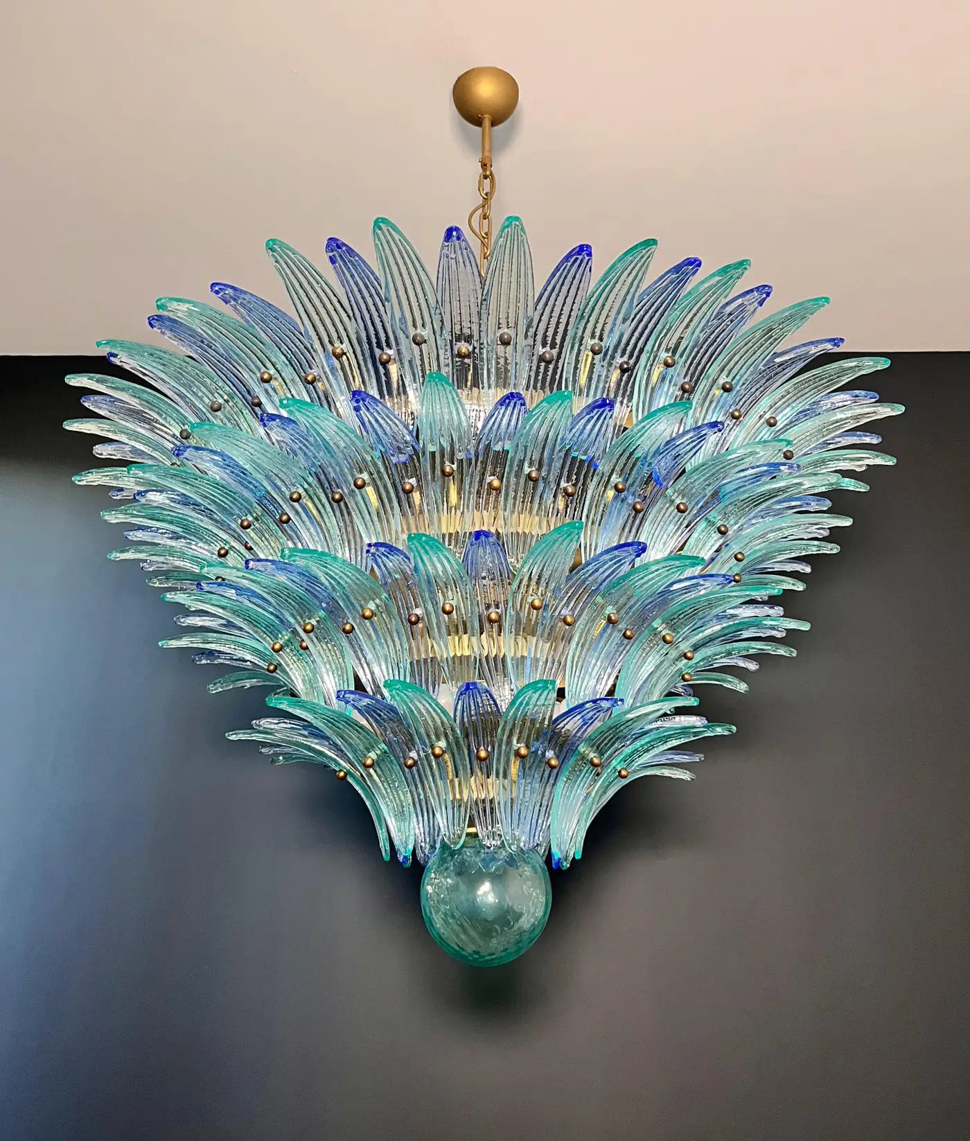 Palmette Ceiling Light - four levels, 160 blue and turquoise glasses