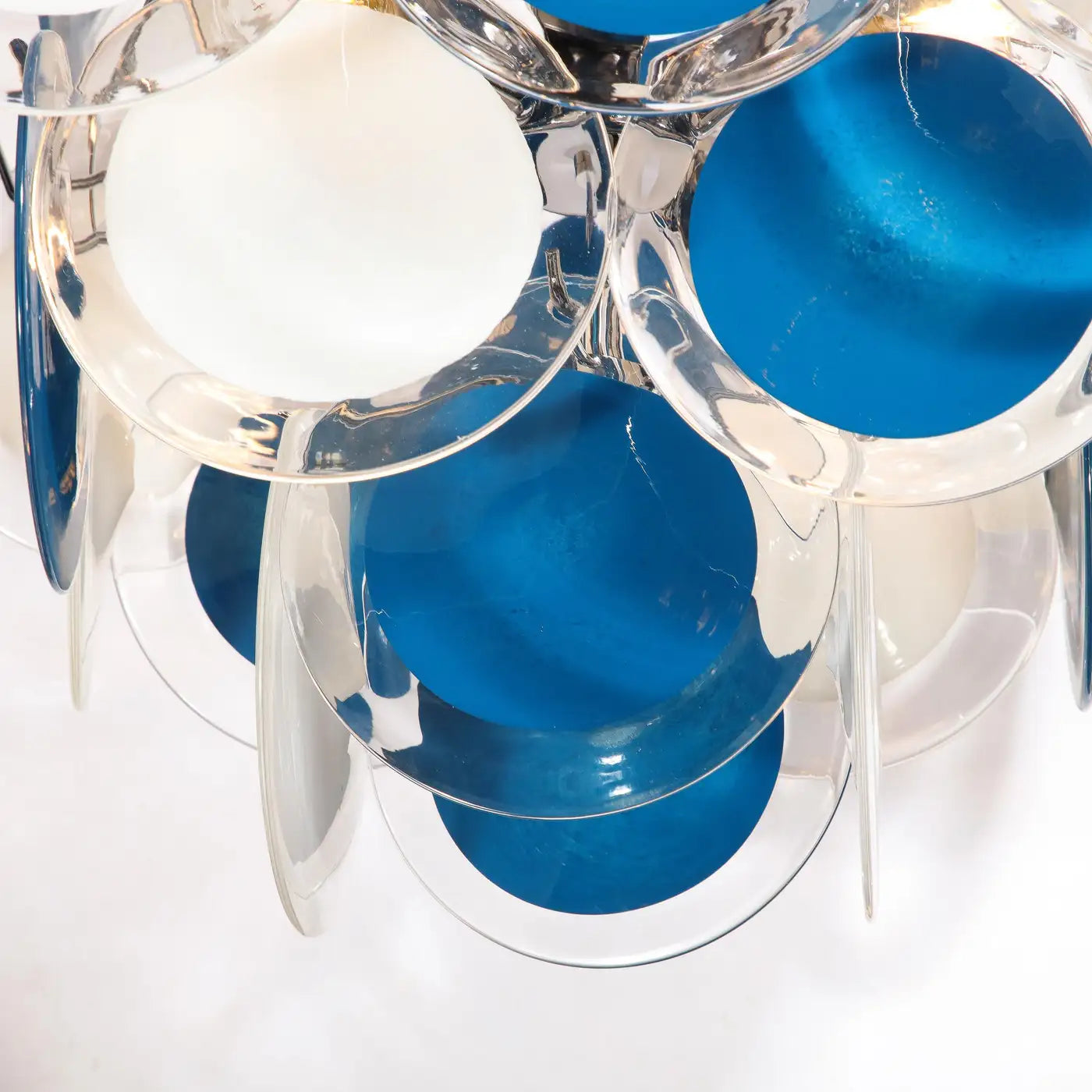 Modernist Pagoda Chandelier in Nickel & Handblown Murano White and Blue Discs